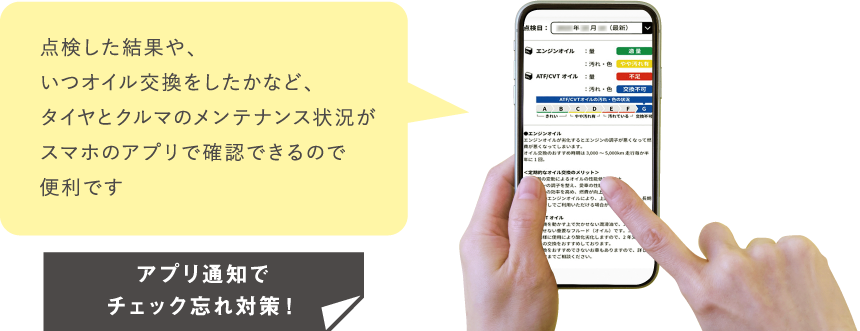 点検した結果や、いつオイル交換をしたかなど、タイヤとクルマのメンテナンス状況がスマホのアプリで確認できるので
									便利です。アプリ通知でチェック忘れ対策！